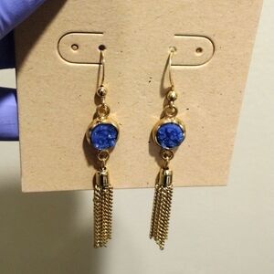 Women's Polished Gold tone Blue Circle Design Fringe Drop Dangle Earrings, 2.5"
